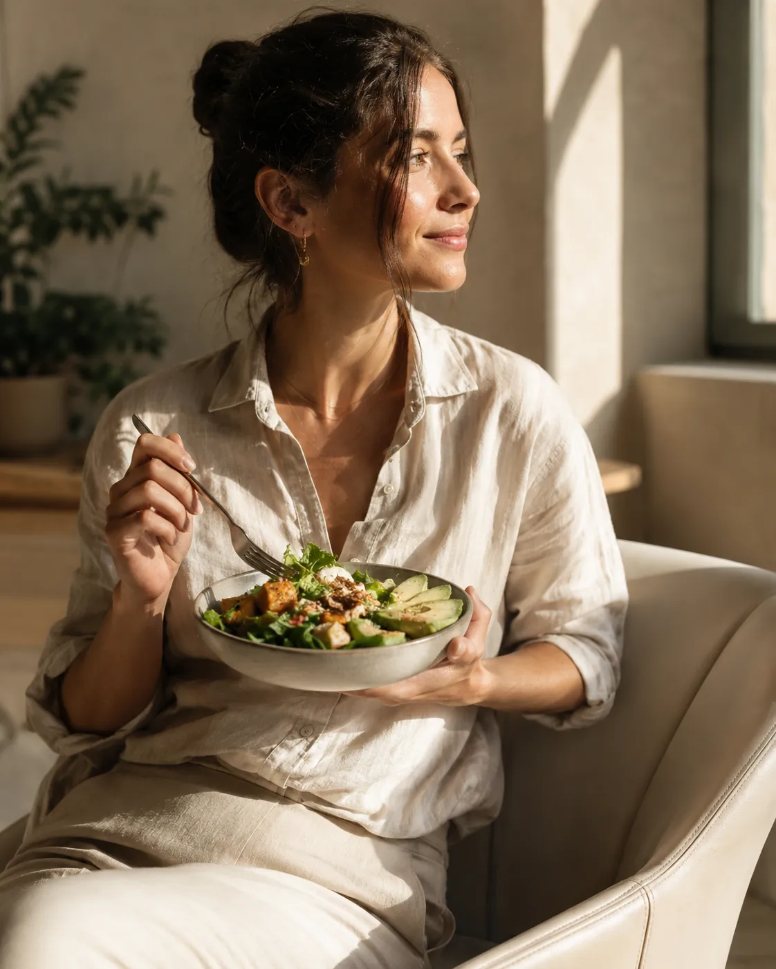 Woman enjoying a fresh, healthy bowl at home in natural light
