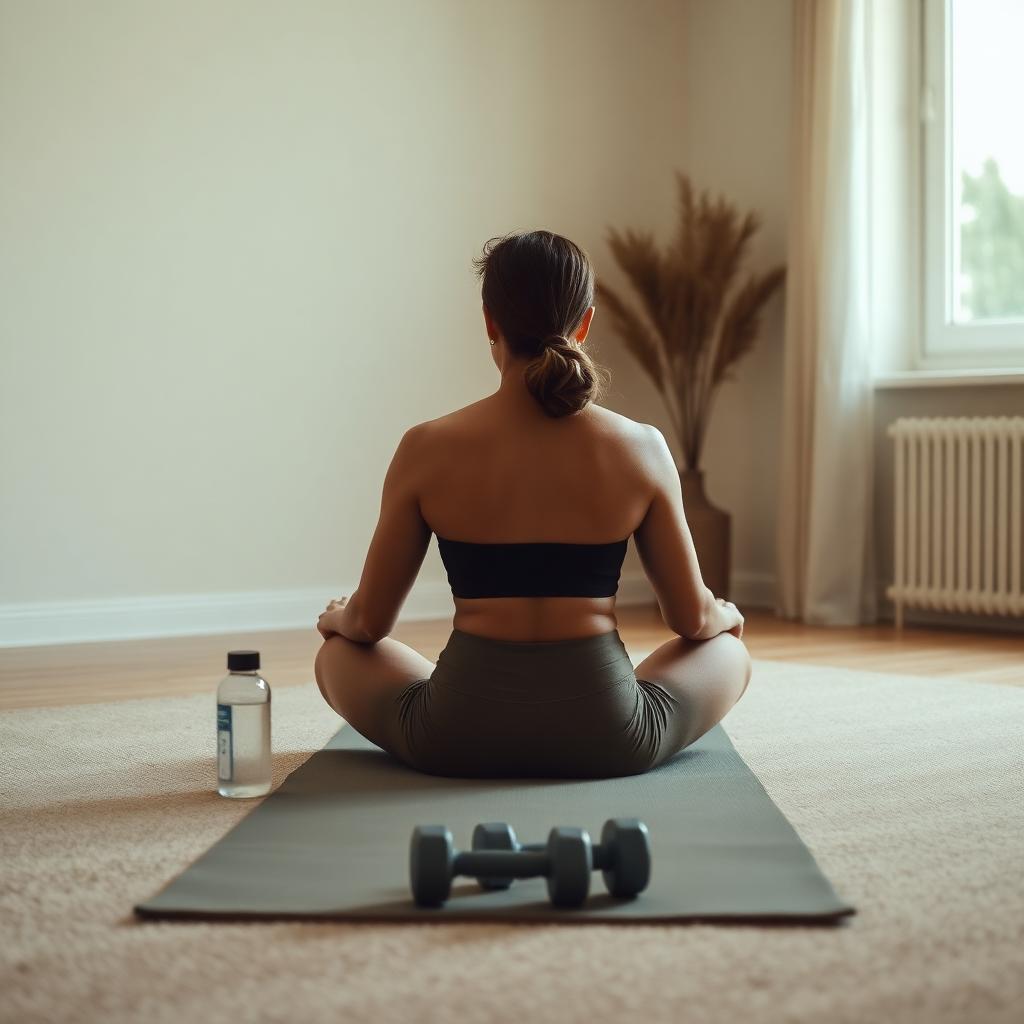 A person sitting alone on a yoga mat in a quiet room, looking distracted and unmotivated.
