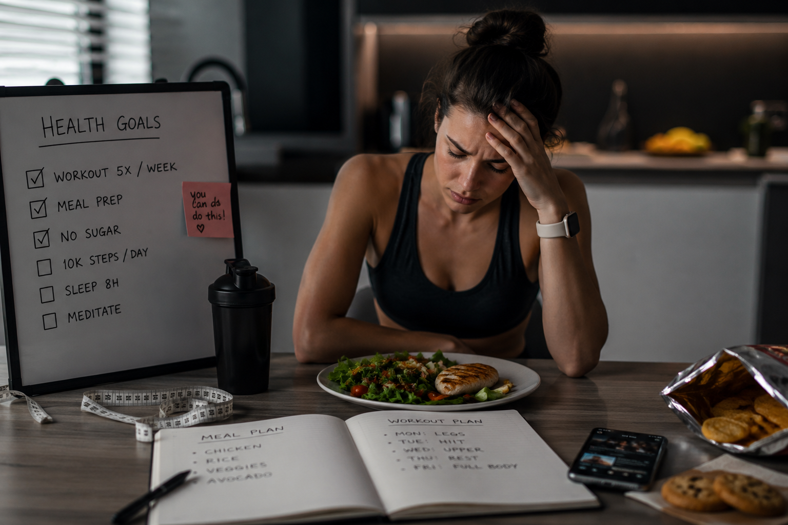 A person at a kitchen table with running shoes and a planner, looking tired and overwhelmed by their routine.