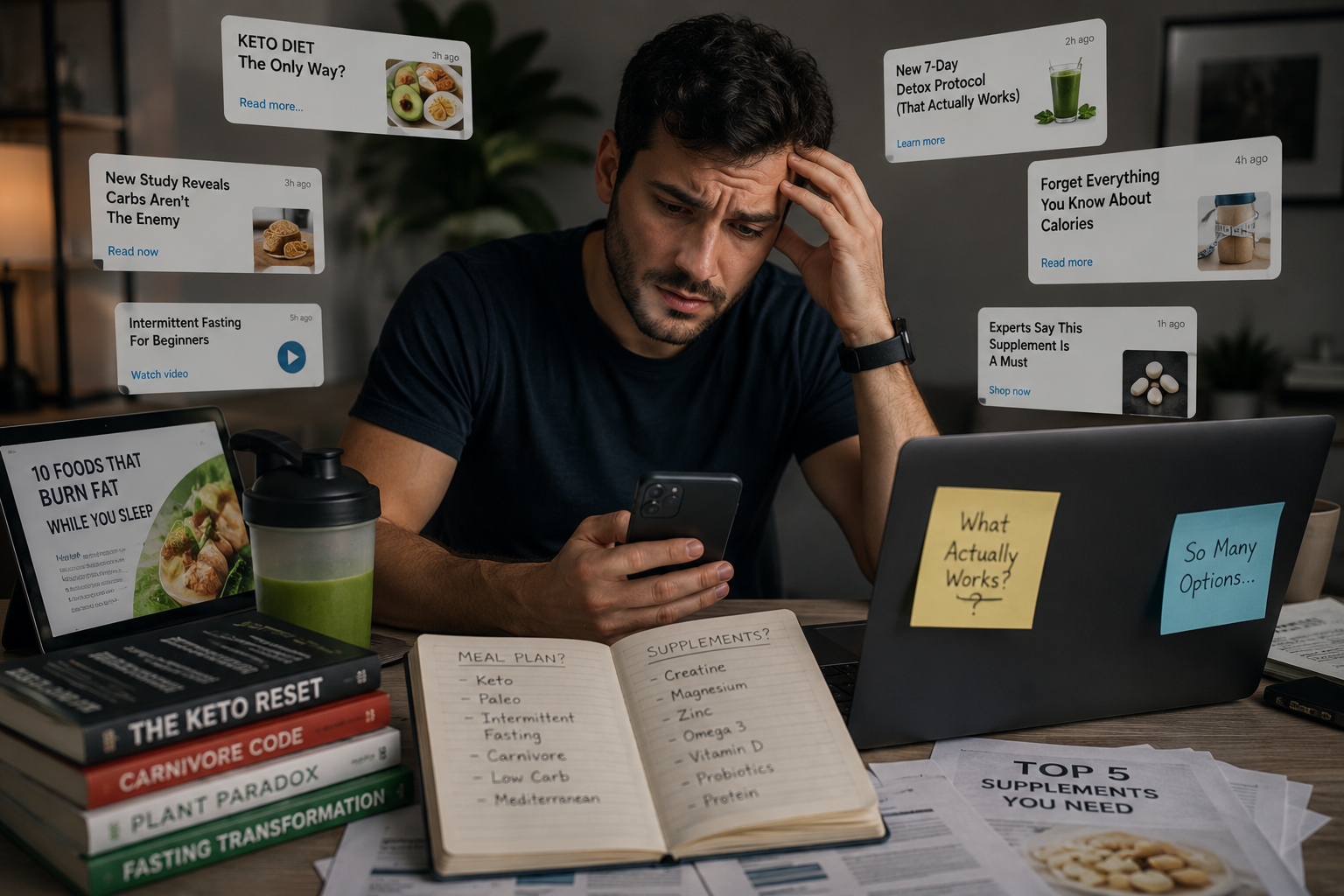 A person at a desk surrounded by phones, a laptop and open books, looking overwhelmed by health information.